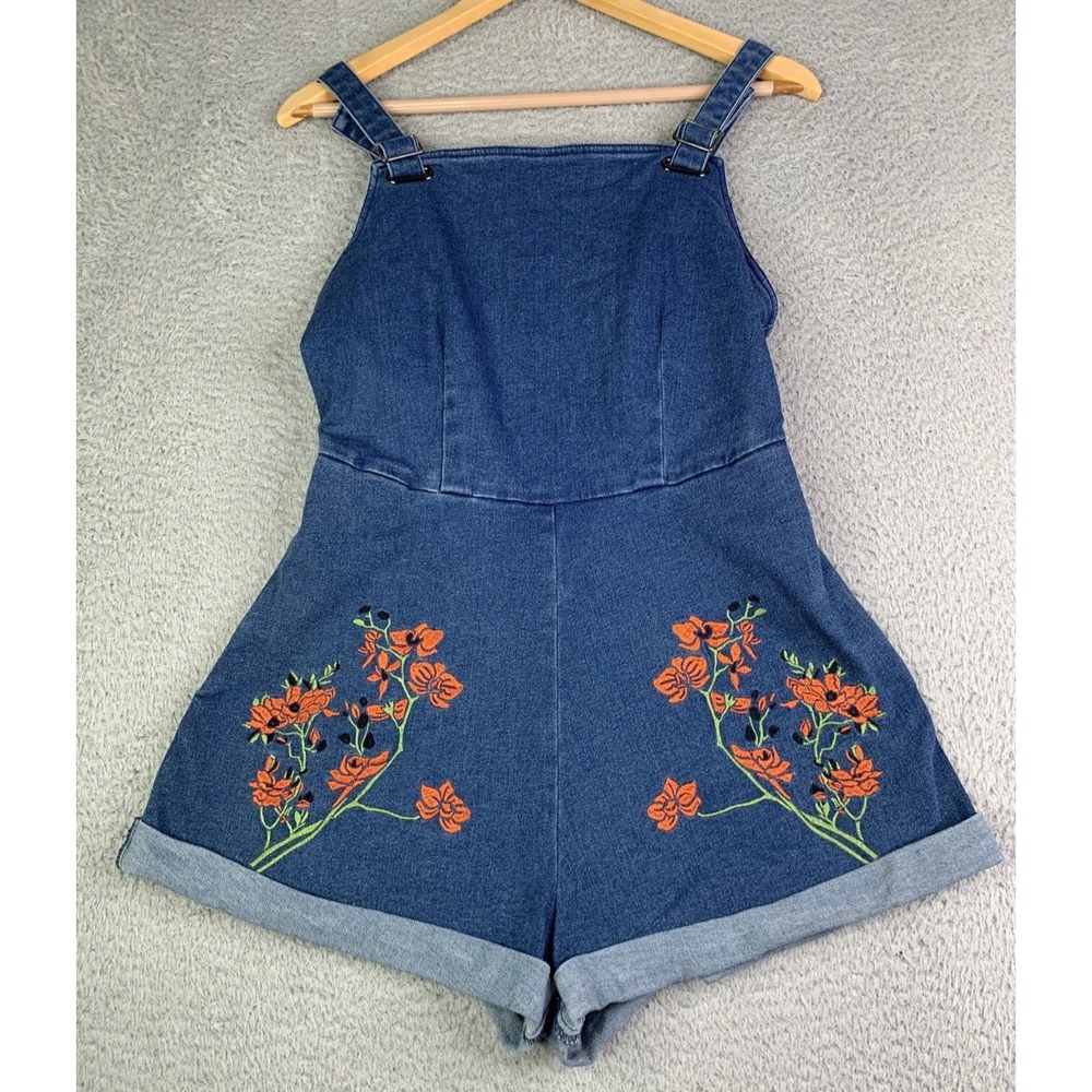 Anthropologie Dark Blue Denim Embroidered Floral Shortalls with Orange Flowers
